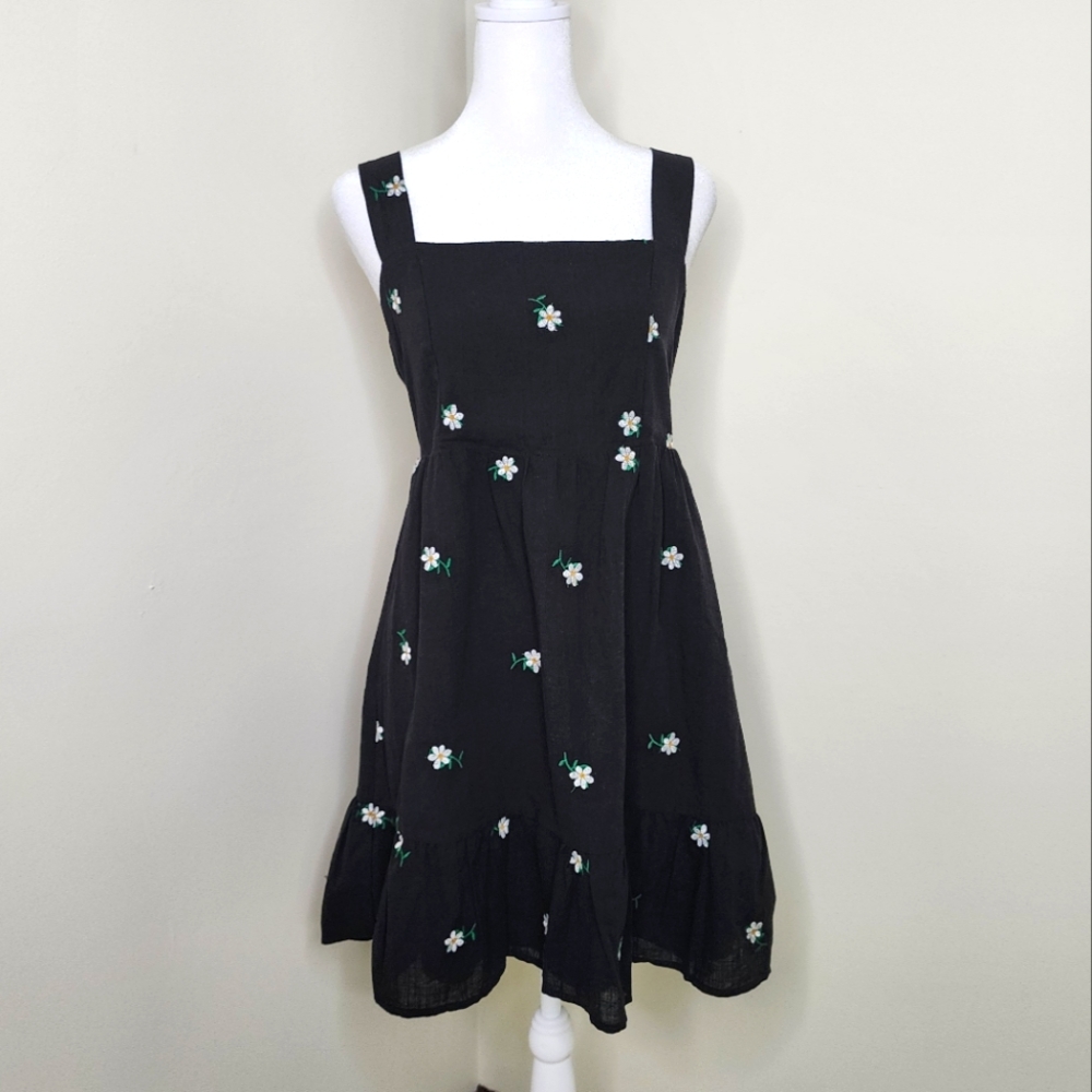 Rewind Black Cotton Daisy Floral Embroidered Mini Dress LG Cottagecore Spring